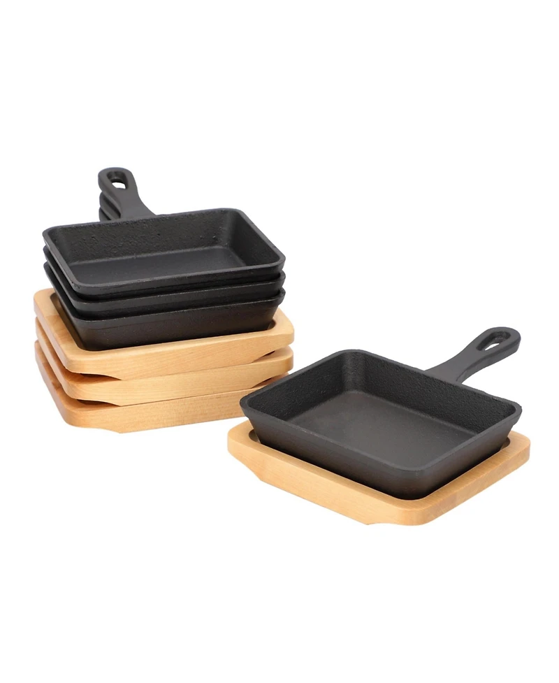 MegaChef 4 Piece Mini Cast Iron Square Pan with Wood Tray