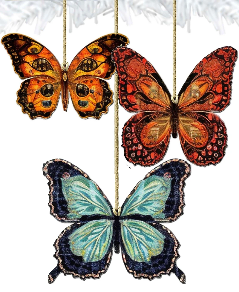 Designocracy Summer Butterfly Wooden Ornaments, Set of 3