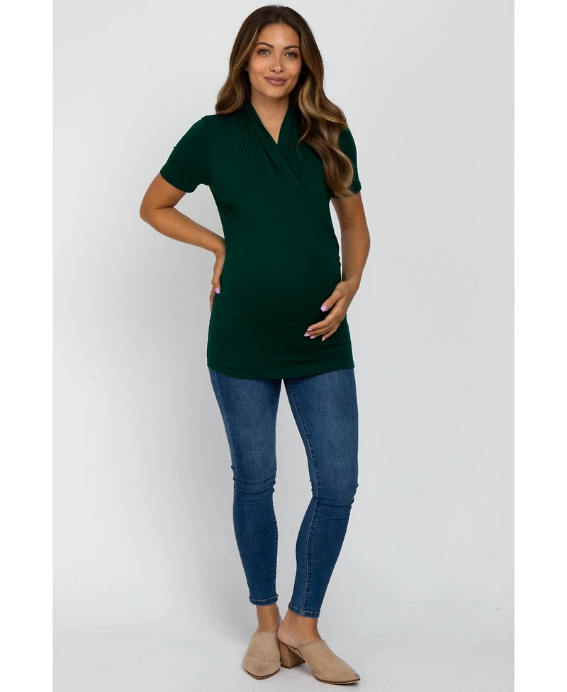 Pinkblush Maternity Forest Green Solid Short Sleeve Wrap Front Maternity/Nursing Top
