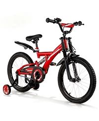 18" Kids Bike with Adjustable Seat, Dual Brakes, Suspension and Training Wheels for Ages 6–9