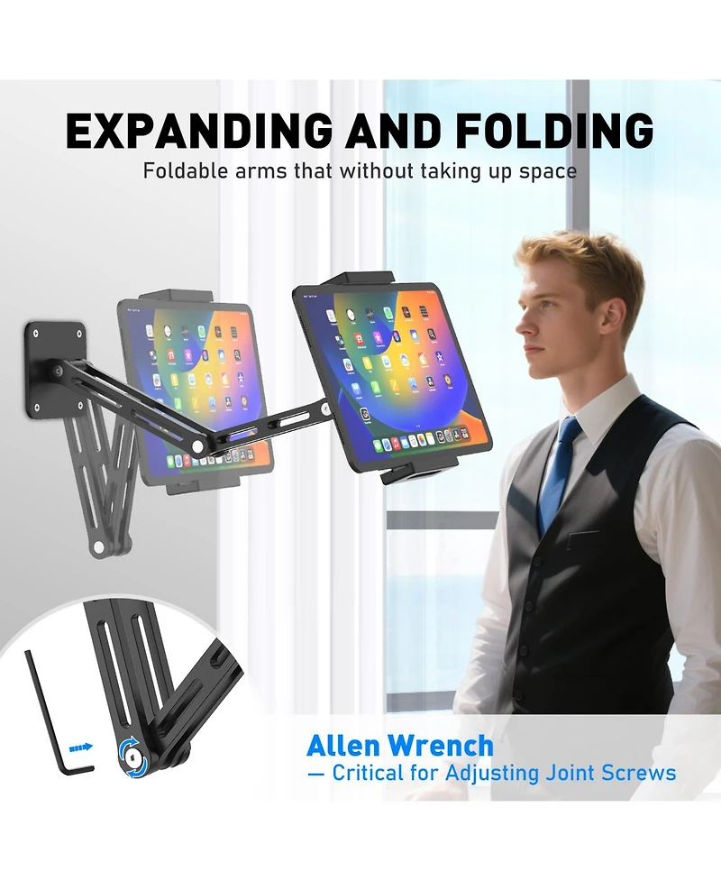 Urmust Tablet Wall Mount Holder for iPad, 360°Rotation Adjustable Tablet Stand Holder with Aluminum Extendable Arm, for All 4.7-13" Phones &