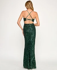 City Studios Women's Wavy Sequin Slim Open Back Long Dress