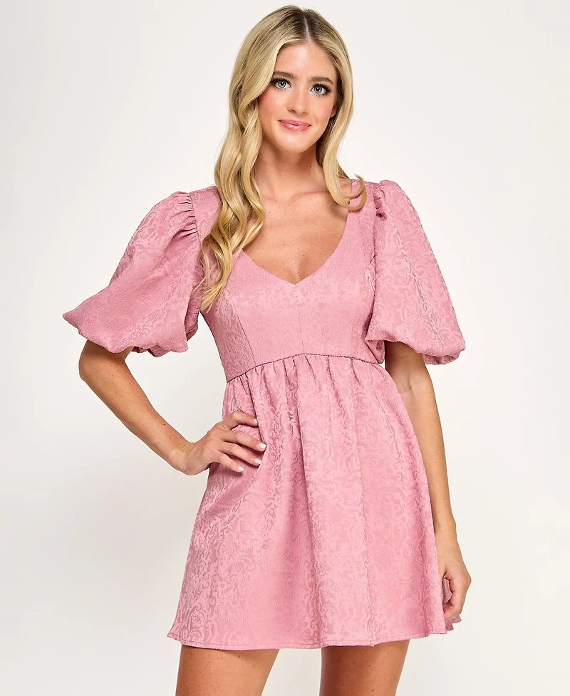 City Studios Juniors' Jacquard Balloon-Sleeve Fit & Flare Dress