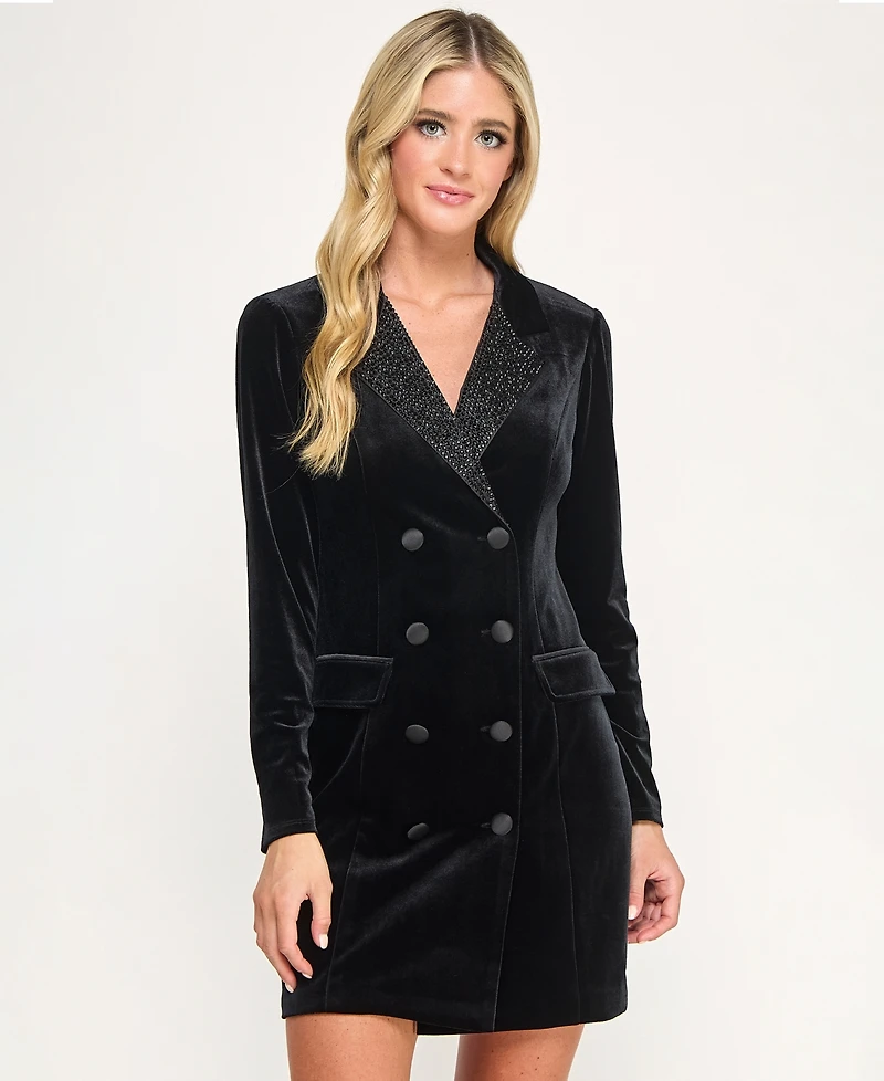 City Studios Women's Velvet Short Collar Tuxedo Blazer Dress