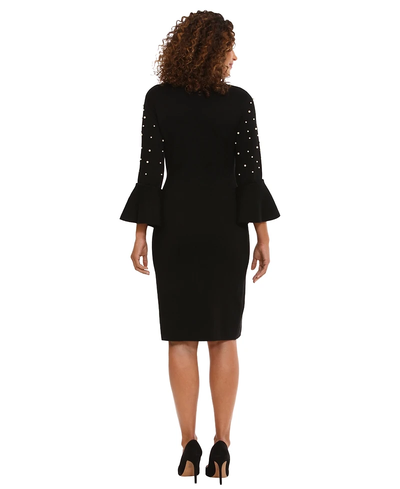 London Times Women's Bell Sleeve Crew Neck Body Con Dress