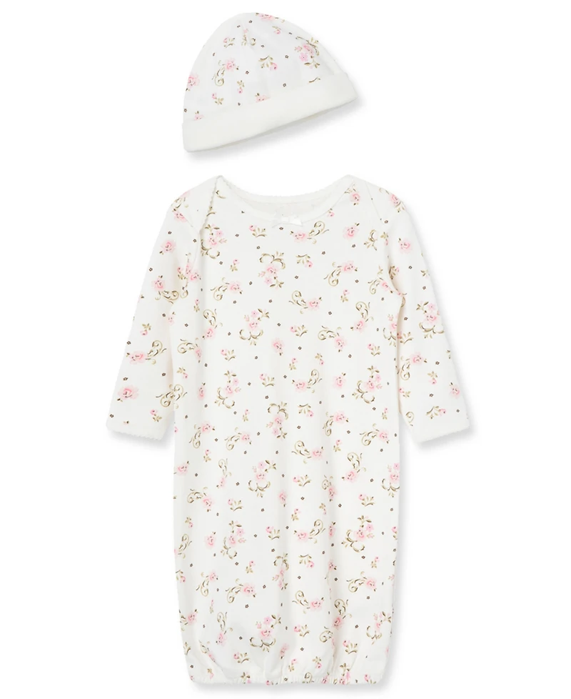 Little Me Baby Girls Vintage Rose Print Gown and Beanie, 2 Piece Set