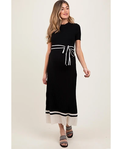 Pinkblush Maternity Black Ribbed Knit Pleated Midi Dress