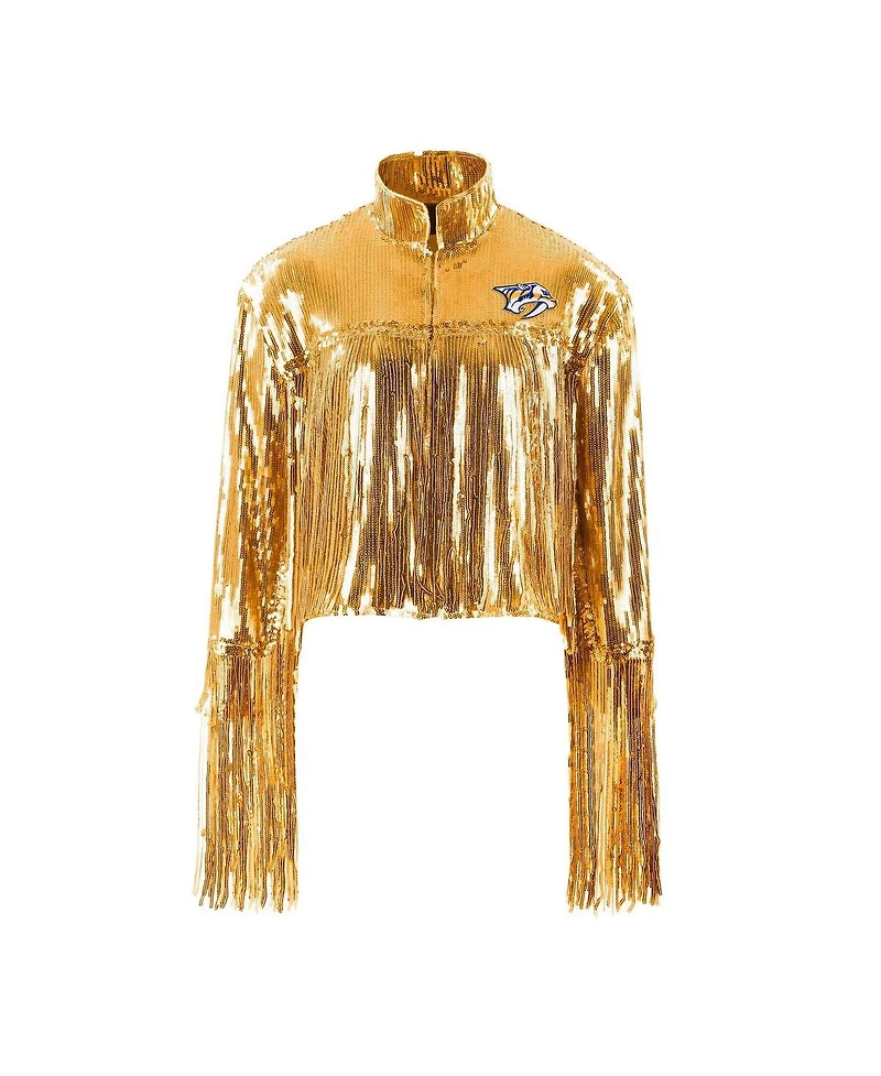 Cuce Women's Gold Nashville Predators Cropped Sequin Fringe Blazer Jacket