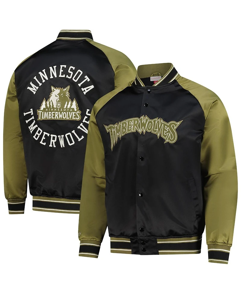 Mitchell & Ness Men's Olive/Black Minnesota Timberwolves Clutch Satin Raglan Full-Snap Jacket