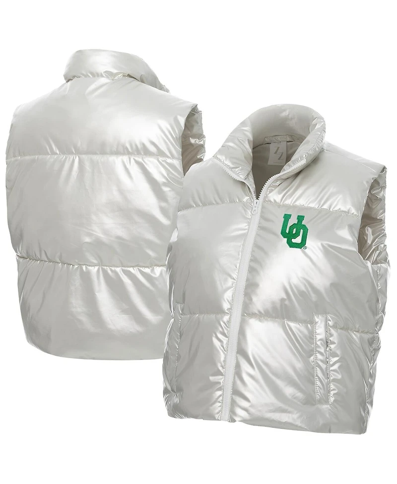 ZooZatz Women's Silver Oregon Ducks Metallic Cropped Full-Zip Sleeveless Puffer Vest