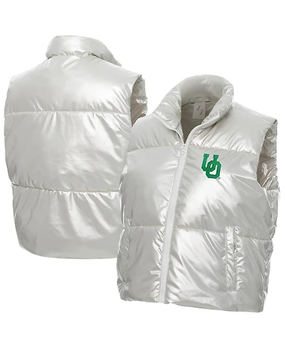 ZooZatz Women's Silver Oregon Ducks Metallic Cropped Full-Zip Sleeveless Puffer Vest