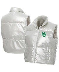 ZooZatz Women's Silver Oregon Ducks Metallic Cropped Full-Zip Sleeveless Puffer Vest