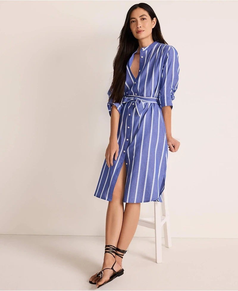 Lands' End Women's Poplin Oversized Puff Sleeve Midi Shirt Dress