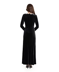 Tahari Asl Women's Rhinestone Square Neck Long Sleeve Velvet Gown
