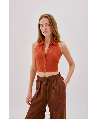 Labeca London Women's Leah Linen Collared Crop Top