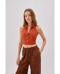 Labeca London Women's Leah Linen Collared Crop Top