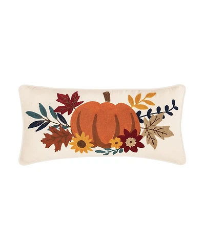 Autumn Pumpkins & Flowers 100% Cotton Chain Stitched Long Accent Pillow 12" x 24"