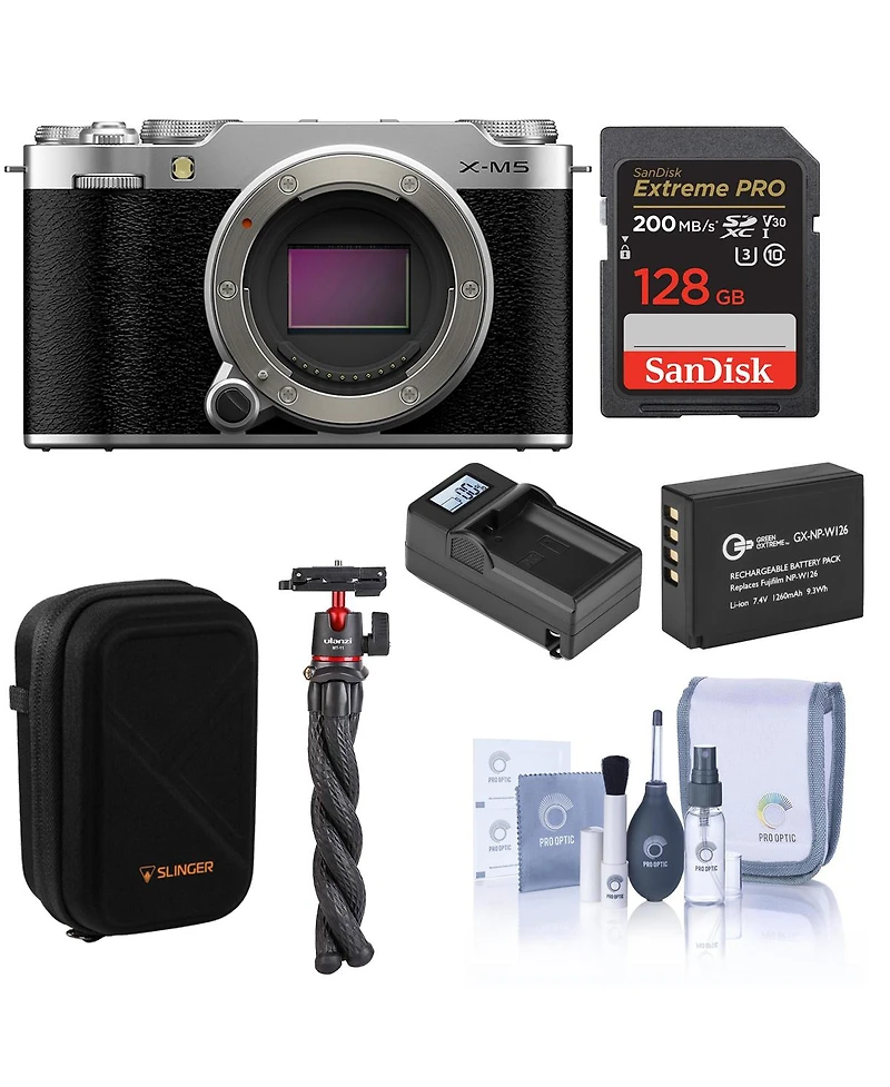 Fujifilm X-M5 Mirrorless Camera, Silver, Bundle with 128GB Memory Card, Extra Battery, Tripod with Ball Head