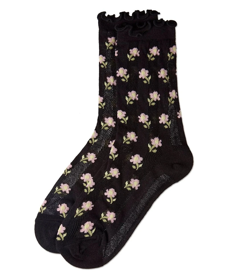 MeMoi Women's "Ditsy Floral" Cotton-Rich Mini-Net Ruffle-Edge Ankle Sock