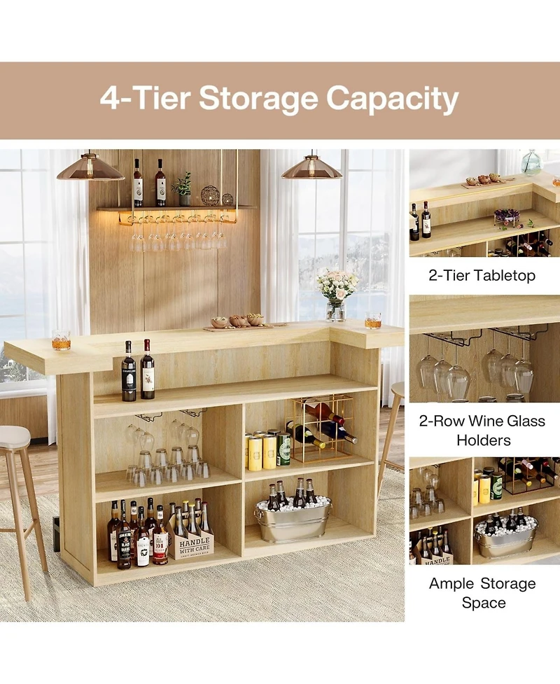 Tribesigns 4-Tier Bar Table, 70.9-Inch Large Modern Home Bar Unit with Wine Glass Holder and Black Footrest, Oak