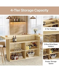 Tribesigns 4-Tier Bar Table, 70.9-Inch Large Modern Home Bar Unit with Wine Glass Holder and Black Footrest, Oak