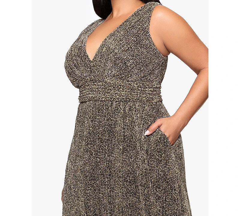 Betsy & Adam Plus Sleeveless Animal Crinkle Long Dress