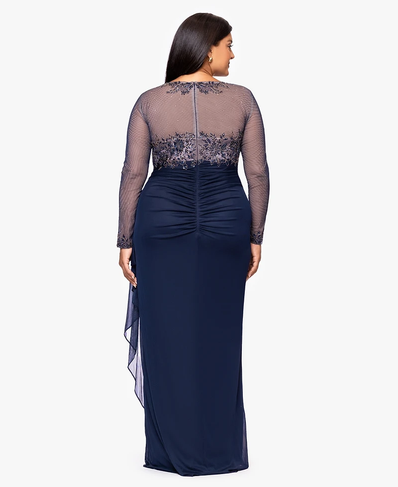 Xscape Plus Embroidered Long Sleeves Dress