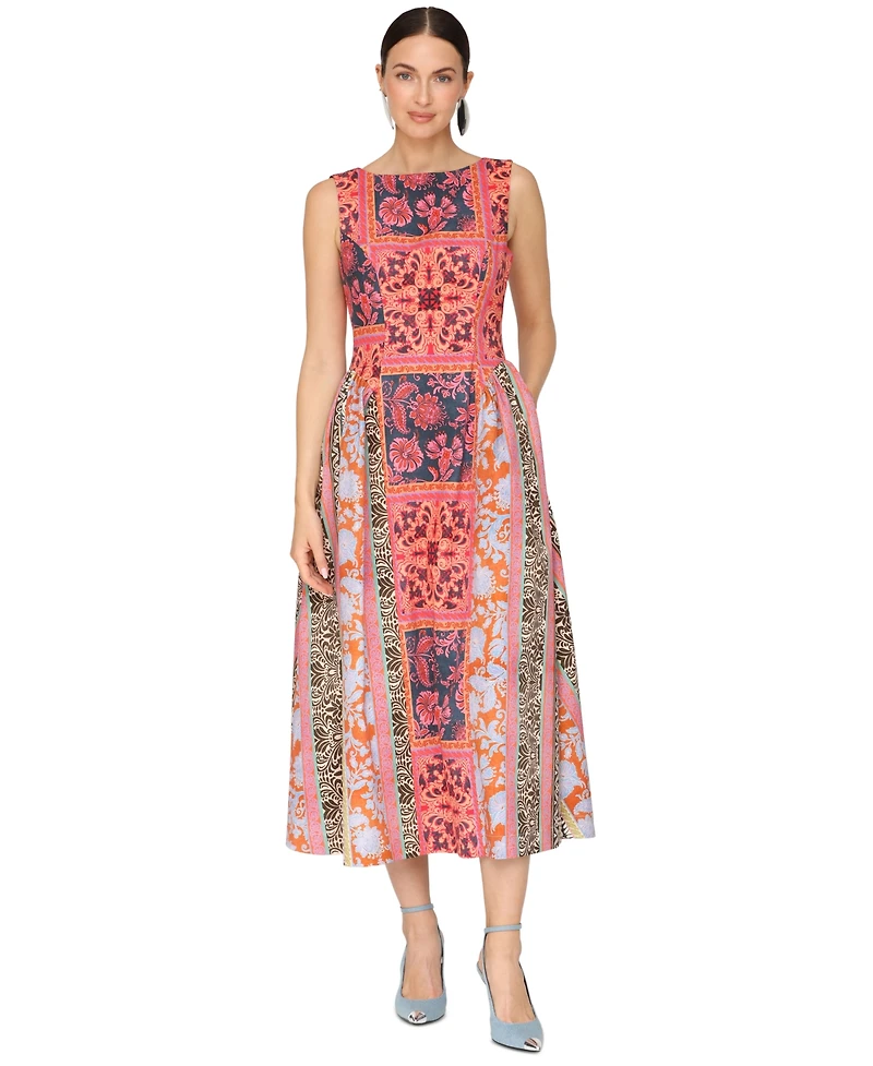 Avec Les Filles Women's Boat Neck Full Skirt Midi Dress