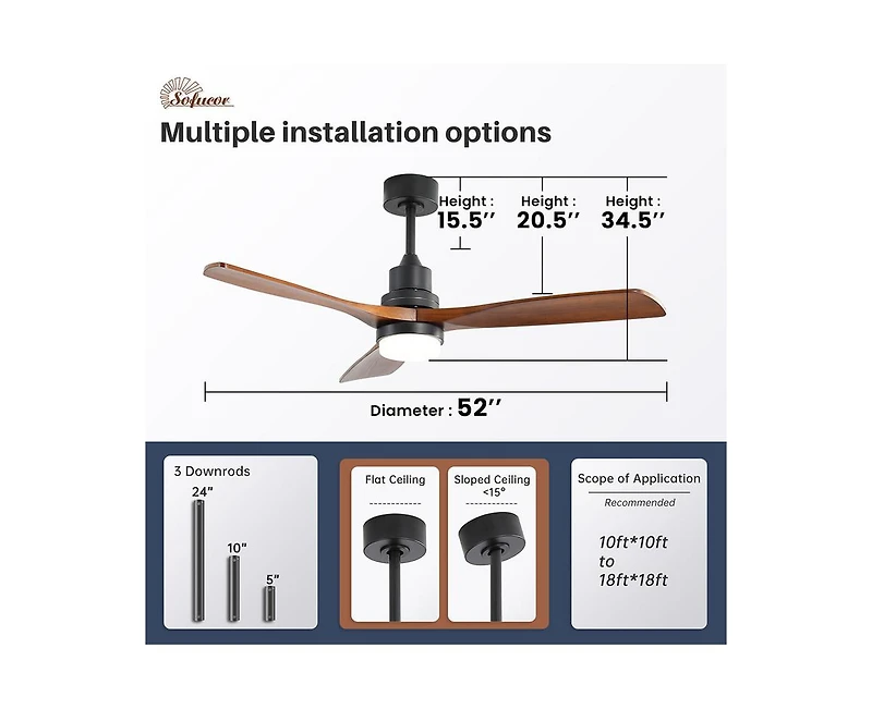 52-inch Modern Minimalist Black 3 Blades Ceiling Fan with 3 color Dimmable and Memory Function Light and Remote control