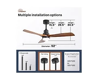 52-inch Modern Minimalist Black 3 Blades Ceiling Fan with 3 color Dimmable and Memory Function Light and Remote control