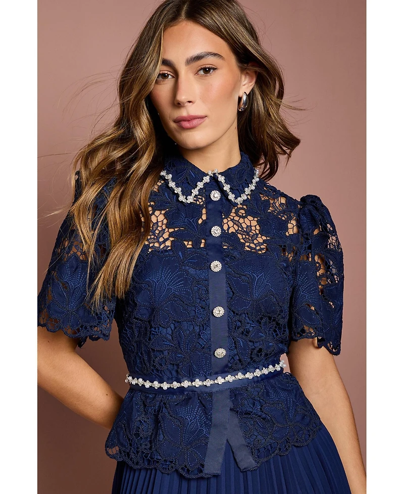 Coast Women's Lace Top Pleat Skirt Jewel Button Dress