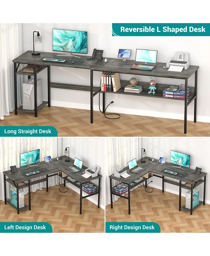 Aheaplus 47.2'' Mdf, Metal L-Shaped Desk with Power Outlet and Shelf, Reversible