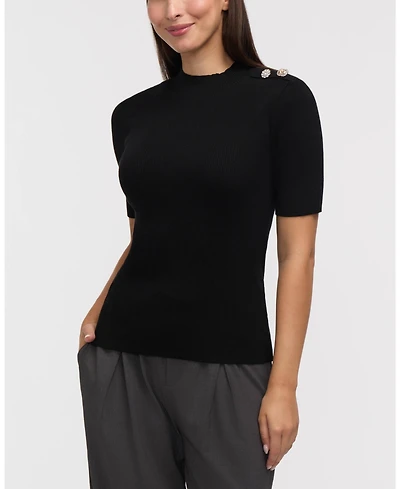 Ellen Tracy Women's Mock Neck Elbow Sleeve Rib Sweater with Button Detail