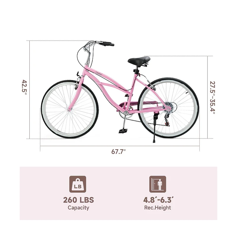 Artudatech 26-Inch Beach Cruiser Bike for Adults with Shimano 7-Speed, High-Carbon Steel Frame for Leisure Cycling
