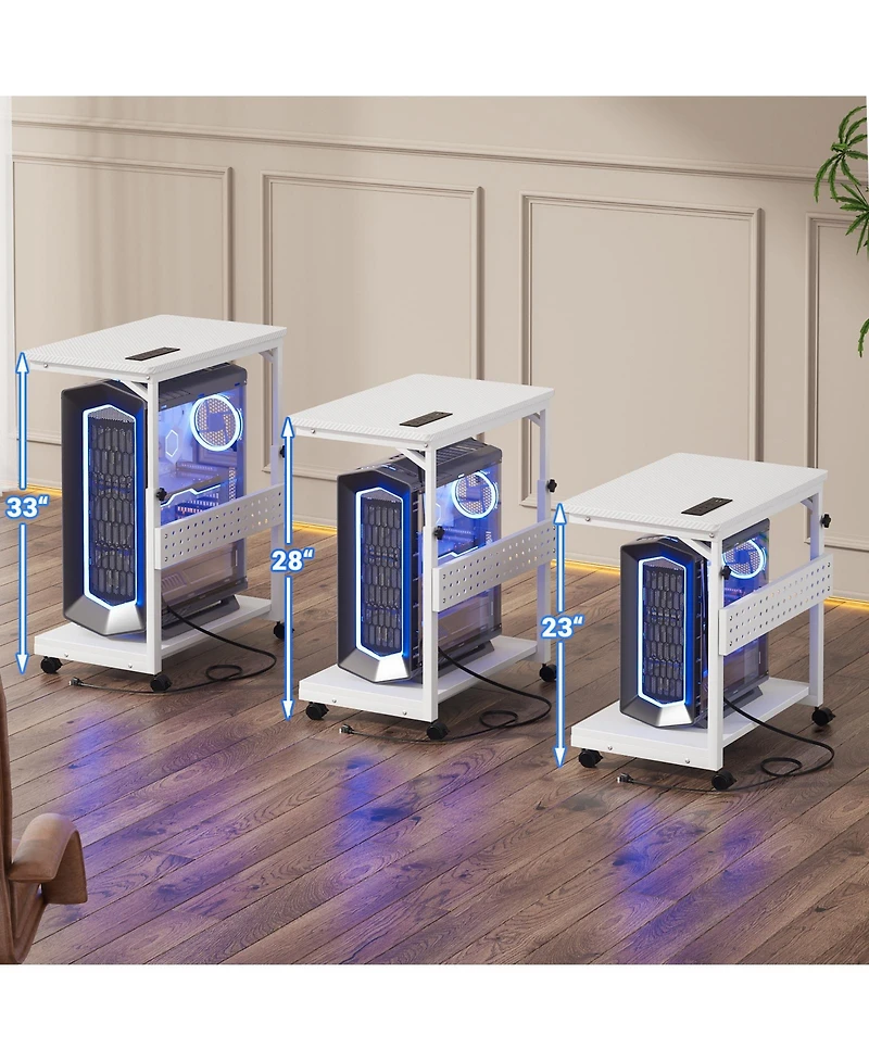 Aheaplus Height Adjustable Computer Tower Stand with Charging Station, Mobile Rolling Cpu Holder with Wheels