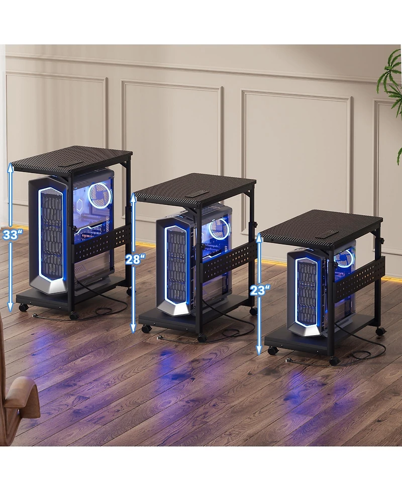 Aheaplus Height Adjustable Computer Tower Stand with Charging Station, Mobile Rolling Cpu Holder Wheels