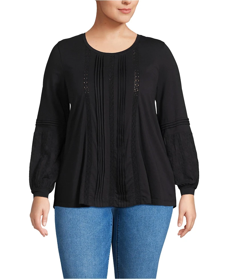 Lands' End Plus Lightweight Jersey Lace Mix Long Sleeve Pintuck Top