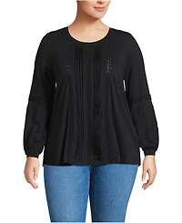 Lands' End Plus Lightweight Jersey Lace Mix Long Sleeve Pintuck Top