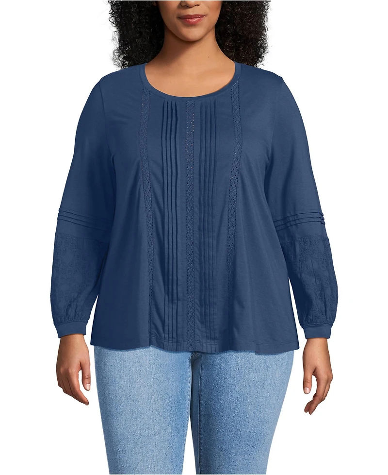 Lands' End Plus Lightweight Jersey Lace Mix Long Sleeve Pintuck Top