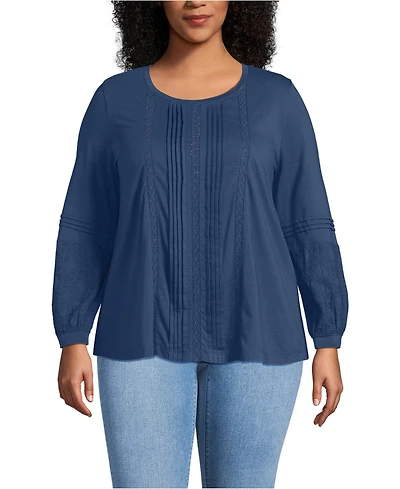 Lands' End Plus Lightweight Jersey Lace Mix Long Sleeve Pintuck Top