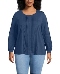 Lands' End Plus Lightweight Jersey Lace Mix Long Sleeve Pintuck Top