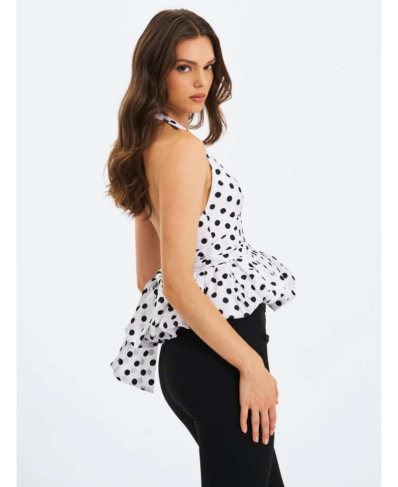 Miss Circle Women's Ilene White and Black Polka Dot Bubble Hem Halter Top