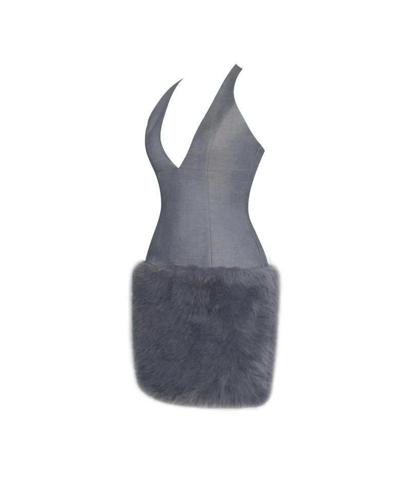 Miss Circle Women's Daisy Grey Drop Waist Fur Trim Halter Mini Dress