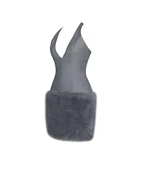 Miss Circle Women's Daisy Grey Drop Waist Fur Trim Halter Mini Dress