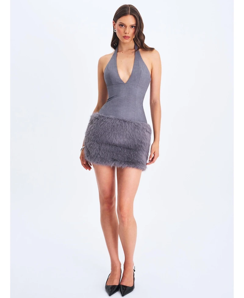 Miss Circle Women's Daisy Grey Drop Waist Fur Trim Halter Mini Dress