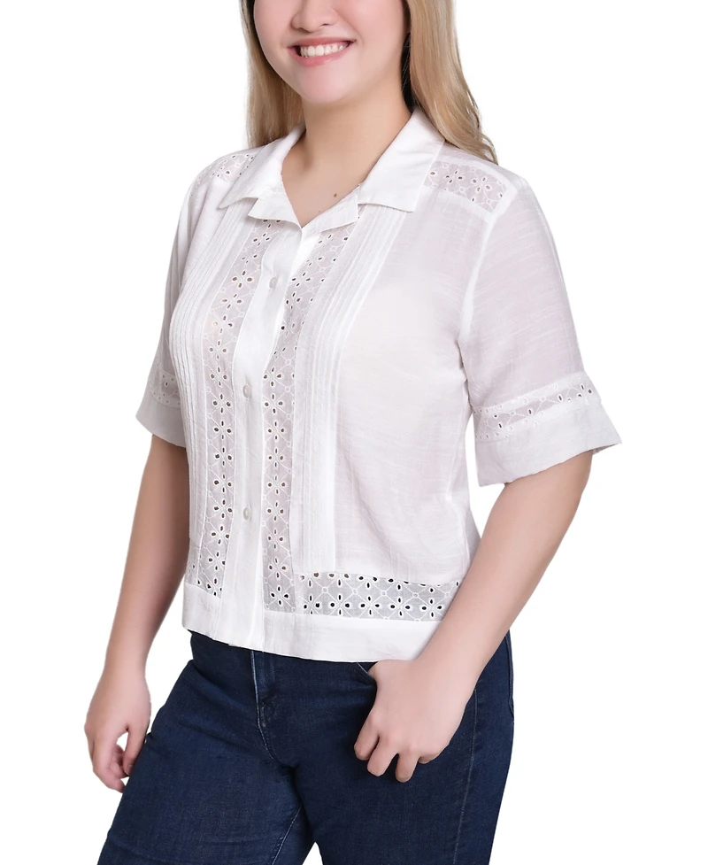 Ny Collection Women's Point Collar Short Sleeve Eyelet-Inset Top
