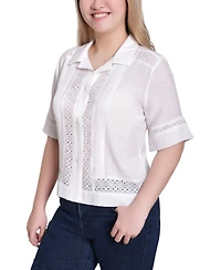 Ny Collection Women's Point Collar Short Sleeve Eyelet-Inset Top