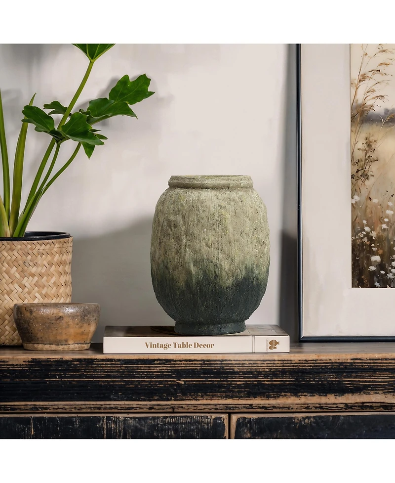 LuxenHome Old-World Brown with Green Bottom 10-Inch Tall Round Terracotta Vase