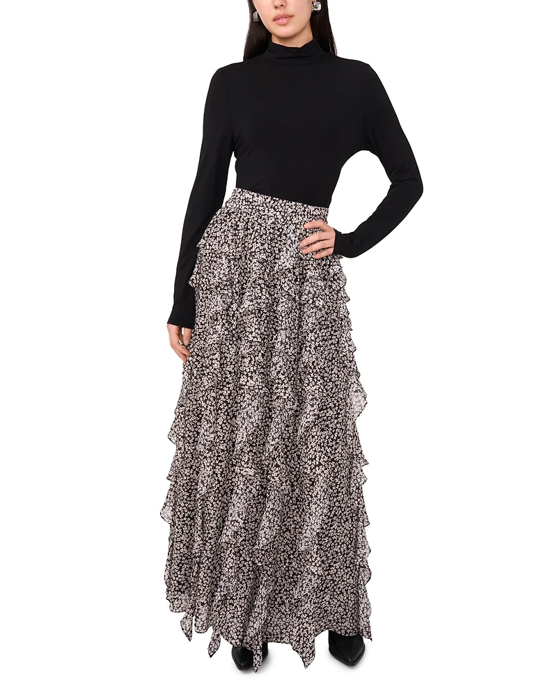 1.state Women's Printed Ruffle Maxi Skirt