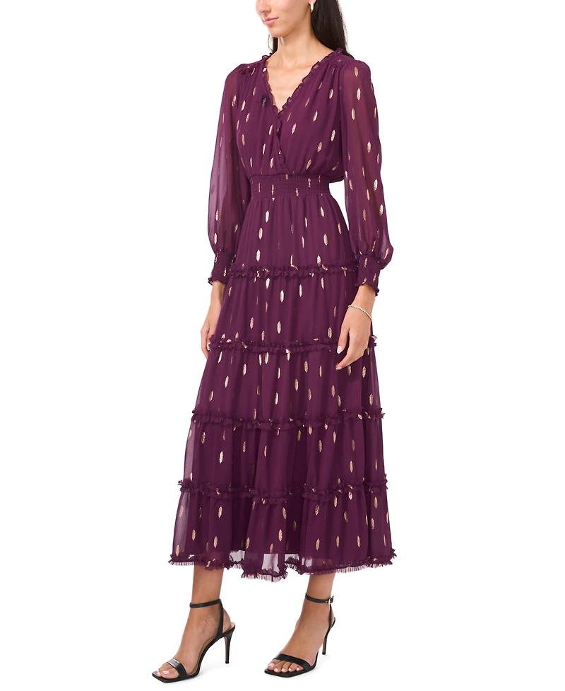 Msk Women's Long Sleeve Smocked Waist Tiered Midi Dress